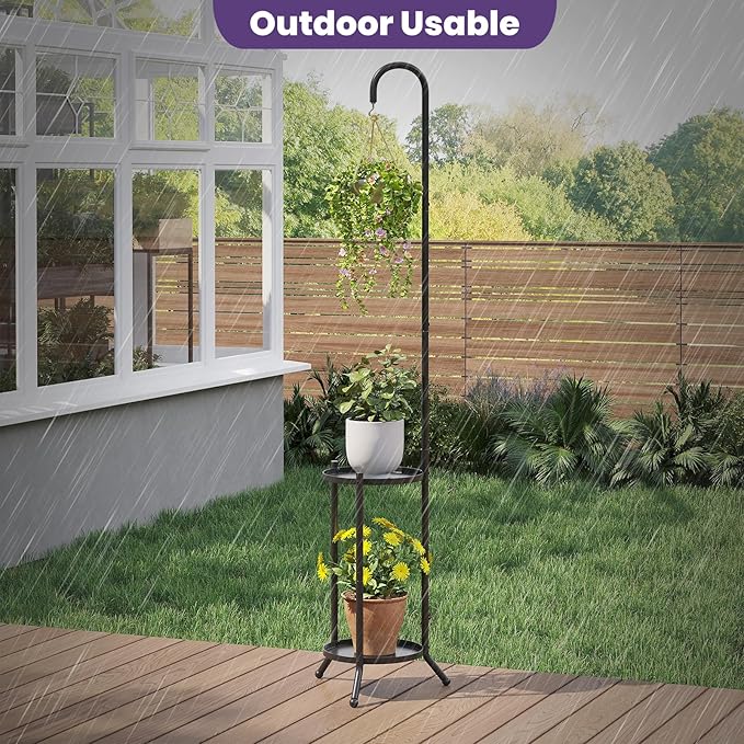 2-Tier Metal Plant Stand with Hanging Hook, Indoor Outdoor Plant Shelf,Heavy Duty Plant holder Rustproof Iron Multiple Plant Round Supports Rack for Planter Corner Garden Balcony Patio (Black)