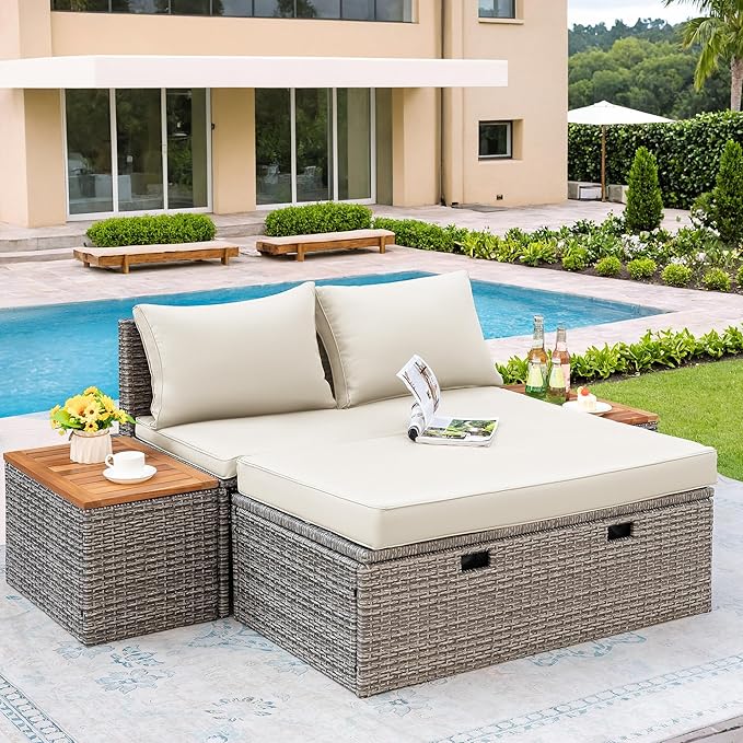 Flamaker Outdoor Rattan Daybed with 2 Side Tables, Multifunctional Wicker Patio Sofa with Storage Ottoman, Cushions, Sunbed Wicker Furniture Chaise Lounge Chair for Backyard Porch Poolside(Beige)