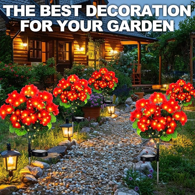 2 Pcs Solar Geraniums Lights Outdoor Waterproof for Garden Spring Decor Light with 10 Solar Geraniums Light for Outside Stake Decorative Auto On/Off for Garden Yard Backyard Patio