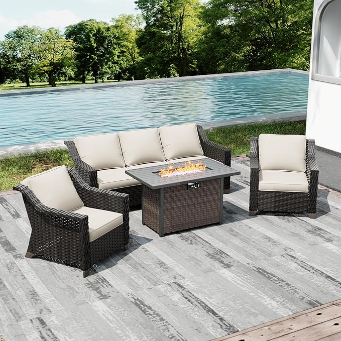 Joyside Wicker Patio Furniture Sets, 4 Pieces Upgraded Large Size Outdoor Furniture with Patio Dining Chair, 3-Seat Sofa, Fire Table,Thick Cushions, Wide Armrest, Beige