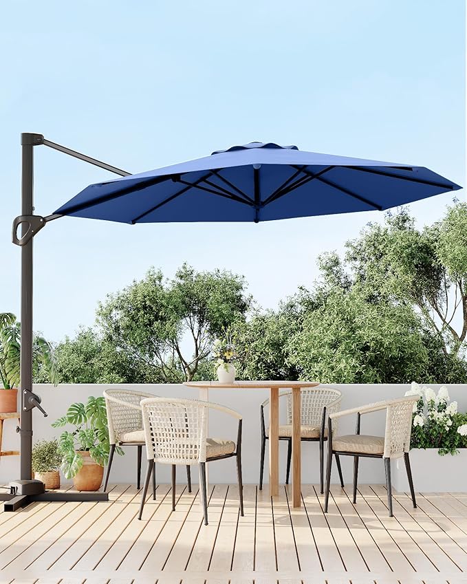 GarveeLife 10 ft Patio Umbrella Outdoor Large Cantilever Umbrella w/Base Included Market Sun Shade Windproof Offset Umbrella with 360-Degree Rotation for Garden Deck Pool Patio, Navy Blue