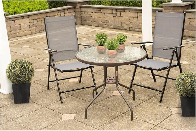 Garden Elements Outdoor Patio Furniture, Round Dining Table, Steel Base and Rim with Water-Wave Glass Top, Brown, 31.5"