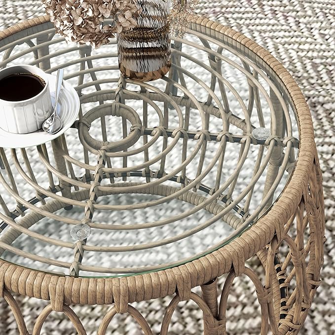 Furniture of America Ysar Boho Rattan Round Coffee Table Outdoor with 5mm Tempered Glass Top, All-Weather and Rust Resistant Patio Furniture