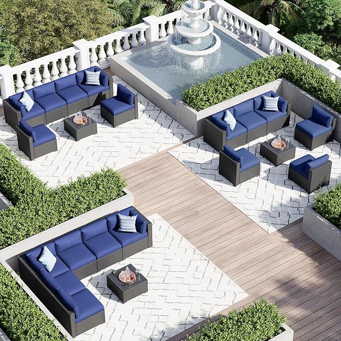 Aoxun 7 Piece Patio Furniture Set Wicker Rattan Patio Sectional Sofa Set Outdoor Seating Furniture with Thickened Cushion, Navy Blue