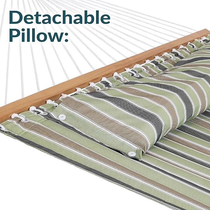 Sunnydaze Quilted Outdoor Hammock with Spreader Bars - Heavy-Duty 450-Pound Capacity Double Hammock for Outside - Khaki Stripe