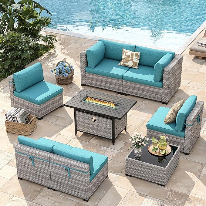 6-Seat Modern Outdoor Wicker Rattan Patio Furniture Set with 55,000 BTU Fire Pit Table, Thick 4″ Cushions, All-Weather Dual-Strand Rattan, Rust-Resistant Steel Frame,Blue