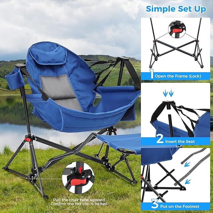 Ainfox Hammock Camping Chair with Footrest, Foldable Portable Rocking Chairs for Adults Outside Swinging Camp with Cup Holder Pillow for Outdoor Patio Poolside (Blue)