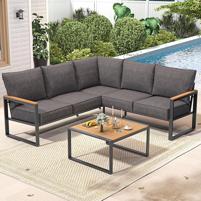 Metal Patio Furniture Set, 6 Pieces Outdoor Sectional Sofa Set with Side Table, L Shape Patio Conversation Set with Faux-Wood Tabletop, Outdoor Couch for Balcony, Porch, Backyard, Grey