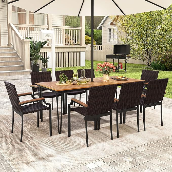 Tangkula 9 Piece Patio Dining Set, 79” Rectangular Outdoor Dining Table with Acacia Wood Top & Umbrella Hole, 8 Stackable Rattan Armchairs, for Backyard Garden Poolside