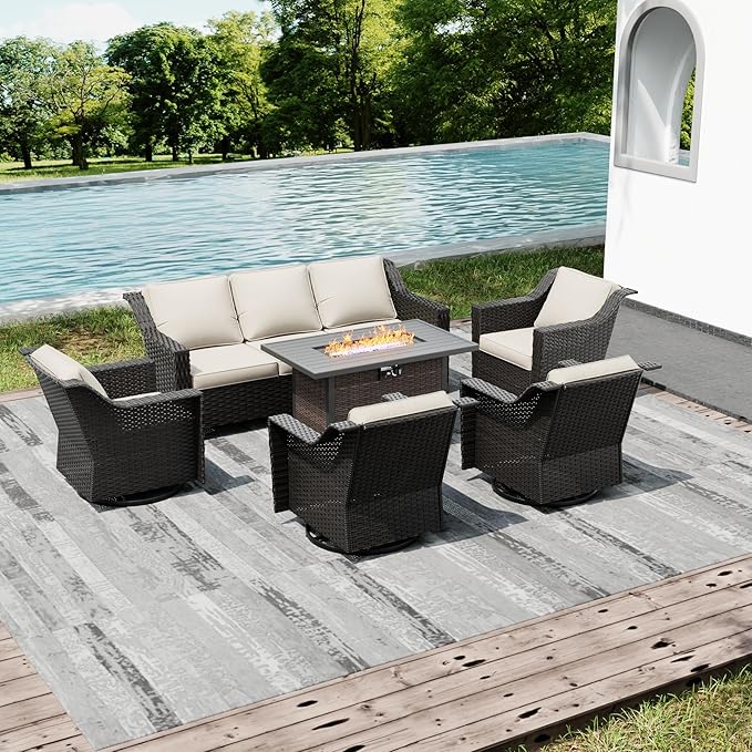 Joyside Wicker Patio Furniture Sets, 8 Pieces Upgraded Large Size Outdoor Furniture with 4 Swivel Rocking Patio Chairs, 3-Seat Sofa, Fire Table, Coffee Table, Thick Cushions, Wide Armrest, Beige
