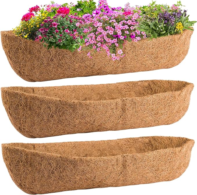 48in Coco Liners for Window Planter Box - 3 Pack 100% Natural Coconut Coir Fiber Liner Replacement for Deck Flower Box, Garden Railing Fence Trough, Wall Planter Basket, Vegetables Pot