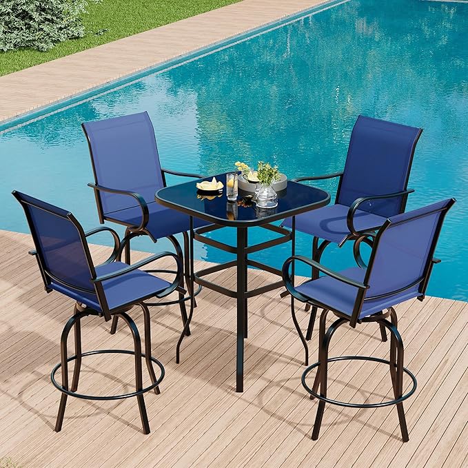 5 PCS Outdoor Bar Set with Outdoor Bistro Table and Chairs Set of 4, Bar Height Outdoor Dining Set, All Weather Mental Textilene High Swivel Bar Stools Chair Set of 4 and High Glass Bar Table