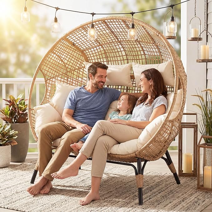 NICESOUL® Double Egg Chair Indoor Outdoor Stationary Oversized 6.5" Thick Padded Cushions,2 Person Egg Wicker Loveseat Chair,680 lbs Extra Large Lounge Chair for Patio Balcony Porch Backyard Beige
