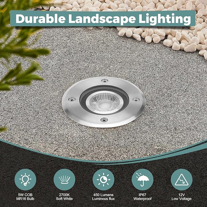 Gardencoin Low Voltage Landscape LED Well Lights, 12V in Ground Lights Outdoor IP67 Waterproof, 4.3 inch Wired Landscape Up Lighting, Included Replaceable 5W 2700K MR16 Bulb Dimmable, 6 Pack