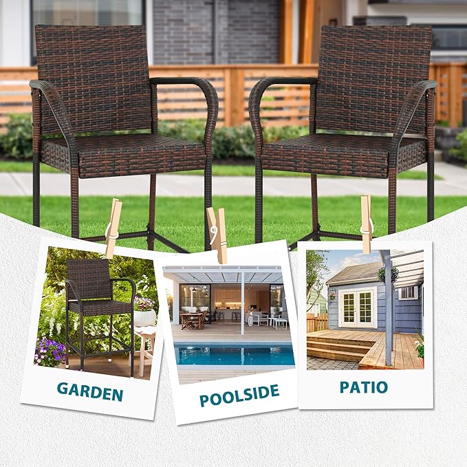 SUPER DEAL Upgraded Wicker Bar Stool Chairs Outdoor Backyard Rattan Chair w/Iron Frame, Armrest and Footrest (4)