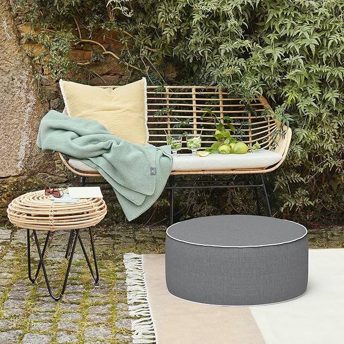 LVTXIII Outdoor/Indoor Inflatable Ottoman, 21"x21"x9" Patio Footrest Stool, Portable Round Pouf Ottoman for Patio Garden, Camping or Home Decoration, Grey Textured
