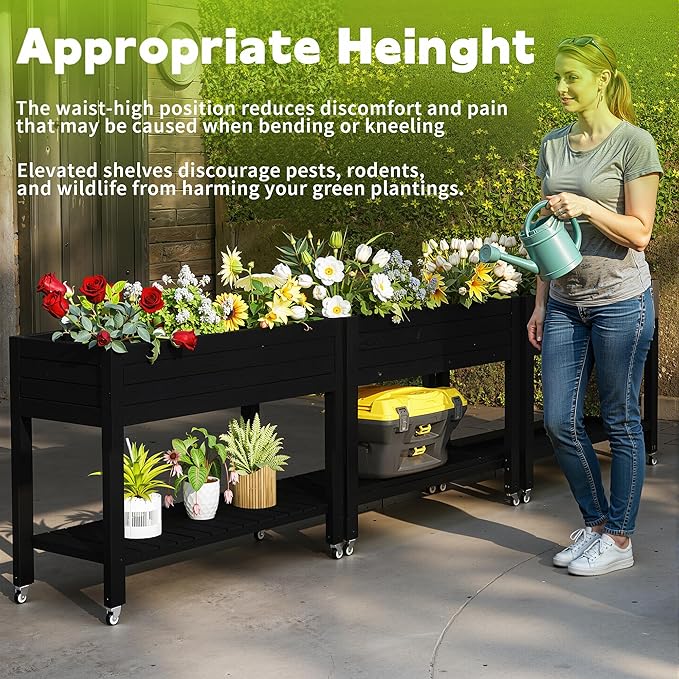 Raised Garden Bed with Legs, 33.66" Tall Self-Watering Resin Planter Box with Lockable Wheels Drainage Plug and Gauge for Vegetables, Flowers, Storage Shelf for Tools and Accessories (Black)