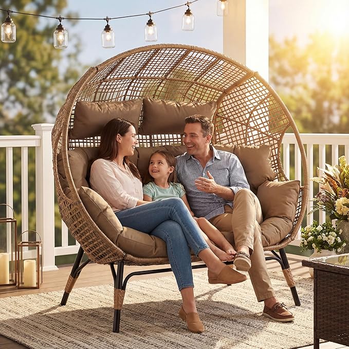 NICESOUL® Double Egg Chair Indoor Outdoor Stationary Oversized Thicken Padded Cushions,2 Person Egg Loveseat Chair, 680 lbs Extra Large Lounge Chair for Patio Balcony Porch Brown