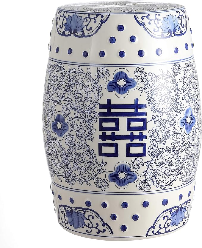 JONATHAN Y TBL1013A Double Happiness 18" Chinoiserie Ceramic Drum Indoor/Outdoor Garden Stool Bohemian, Coastal, Classic, Cottage, French Country, Traditional, Bathroom, Garden Room, Patio, Blue/White