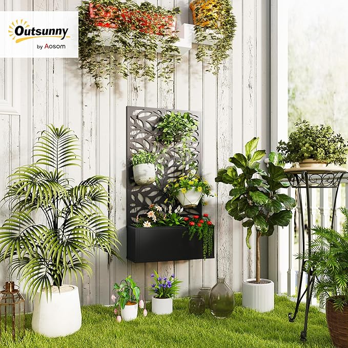 Outsunny Metal Raised Garden Bed with Trellis for Climbing Plants, Freestanding or Wall Mounted Flower Bed with Privacy Panel, Leaves Cut-Outs Outdoor Planter Box for Garden, Patio, Balcony