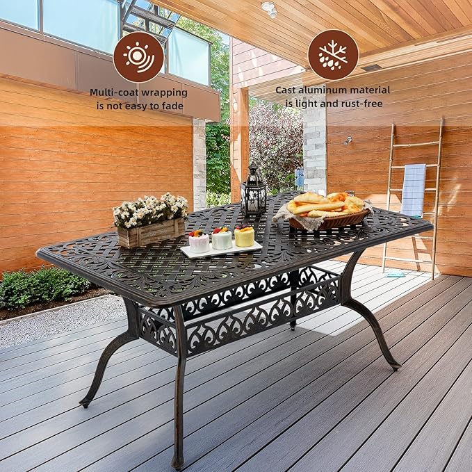 Outdoor Patio Dining Table - All-Weather Cast Aluminum 60" x 28.5“ Patio Rectangular Table with 2" Umbrella Hole for Balcony Lawn Garden Backyard