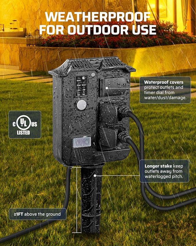DEWENWILS Outdoor Power Stake Timer Waterproof, 6 Grounded Outlets, 6FT Extension Cord, 100FT Wireless Remote Control, Photocell Dusk to Dawn Timer for Lights, Yard, Garden, UL Listed