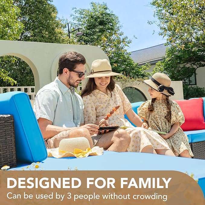 Devoko 5 Pieces Patio Furniture Sets All Weather Outdoor Sectional Patio Sofa Manual Weaving Wicker Rattan Patio Seating Sofas with Cushion and Glass Table (Blue)