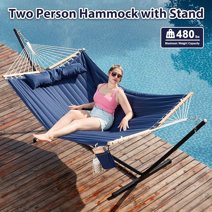 Two Person Hammock with Stand for Outside Heavy Duty, Outdoor Patio Hammock with Portable Steel Stand, Large Double Hammocks,480lbs Capacity.(Dark Blue)