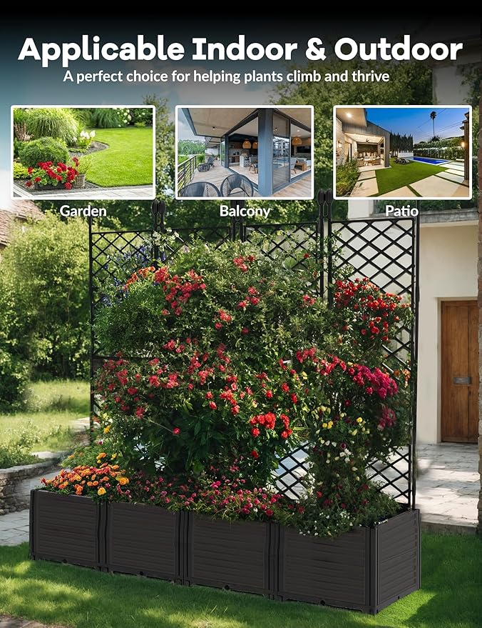 4 PCS Raised Garden Bed with Trellis, 65" LX16 WX63 H Plastic Planter Box for Climbing Plants, Outdoor Vertical Garden with Privacy Screen for Patio, Balcony, Backyard – Sturdy & Lightweight