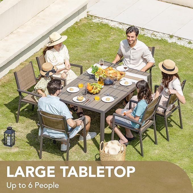 Devoko Patio Dining Set 7 Piece Outdoor Furniture with Rectangular Table and 6 Stackable Chairs Family Conversation Set for Garden Backyard Deck (Brown)