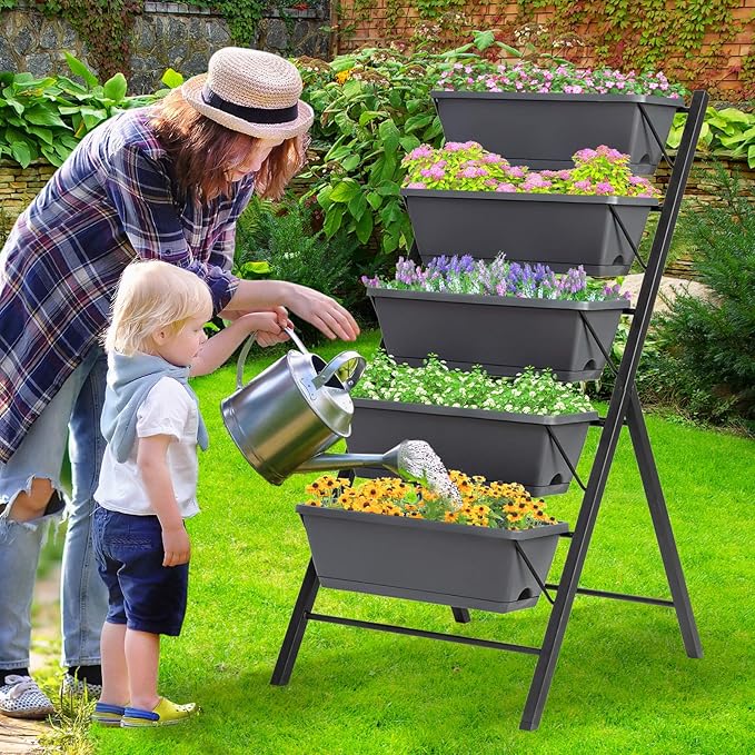 Giantex Vertical Raised Garden Bed, Elevated Planter Raised Beds with Water Drainage, Freestanding 5 Container Boxes for Vegetables and Flowers Growing, Outdoor Indoor Patio Balcony
