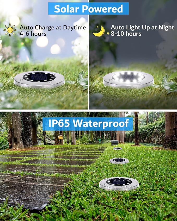 Biling Solar Ground Lights Outdoor 8 Packs, 12 LEDs Bright Flat Solar Lights Outdoor Waterproof Solar Powered for Yard Walkway Garden Driveway (White)