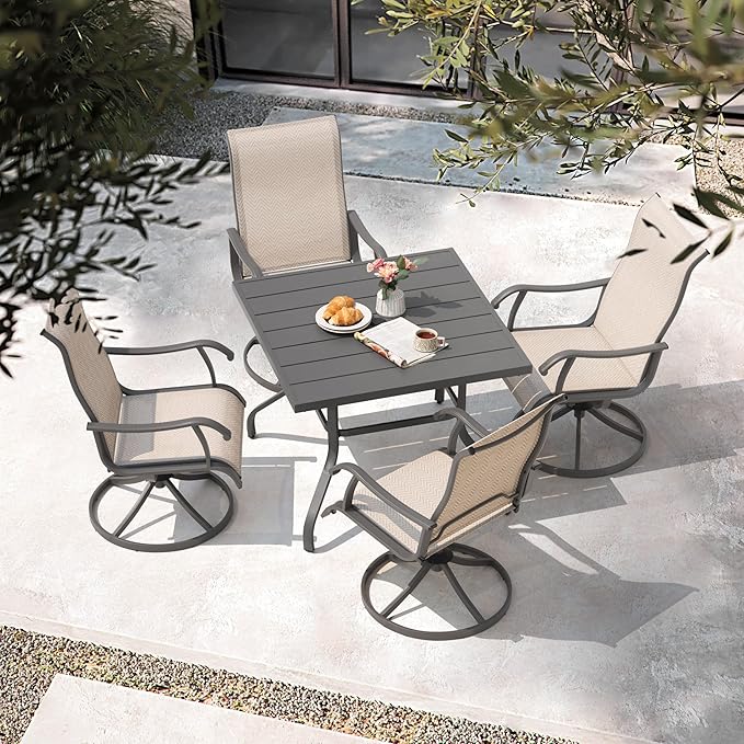 NUU GARDEN 5-Piece Outdoor Patio Dining Set, Slatted 37’’ Square Table with Umbrella Hole and 4 Patio Swivel Textilene Chairs, All Weather Patio Furniture Set for Porch, Backyard, Garden, Poolside