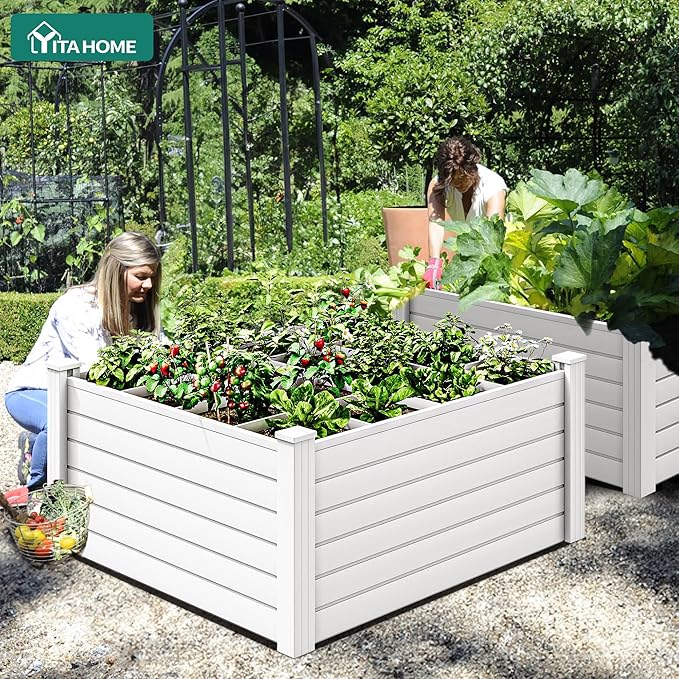 YITAHOME 48x48x24 in Plastic Raised Garden Bed 2pcs with Growth Grid, Large Outdoor Vinyl Planter Box for Plants, Vegetables, and Flowers, Easy Installation, White