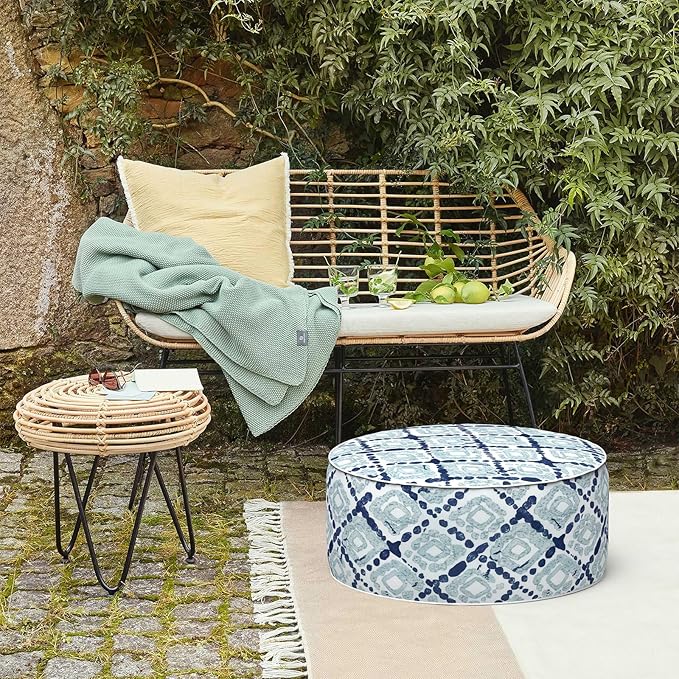 LVTXIII Inflatable Stool Ottoman Footrest with Handle, Decorative Fade-Resistant Foot Stool, Indoor or Outdoor Pouf for Home Garden and Camping Use, 21x21x9, Boho Geometry Blue
