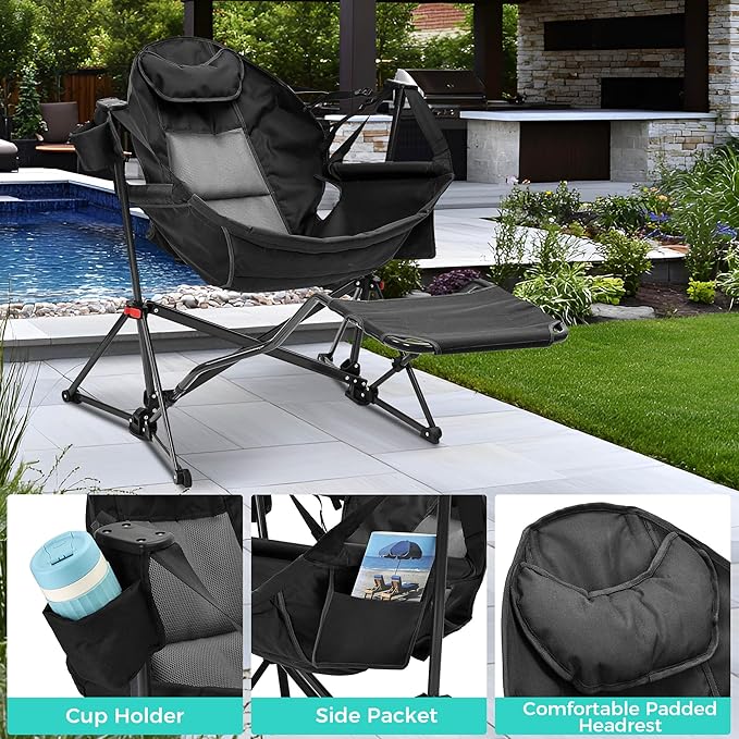 Ainfox Hammock Camping Chair with Footrest, Foldable Portable Rocking Chairs for Adults Outside Swinging Camp with Cup Holder Pillow for Outdoor Patio Poolside (Dark Black)