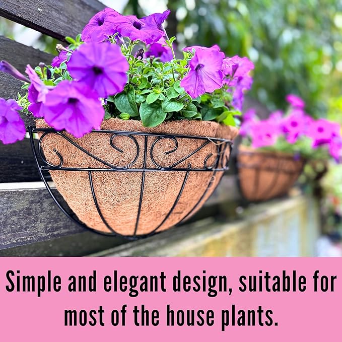 LaLaGreen 16 Inch Wall Mounted Flower Baskets, 4 Pack, Large Railing Planter Deck Rail Hanging Plant Pots Holders with Coco Liner Outdoor, Metal Herb Fence Porch Balcony Garden Patio Window Box Trough