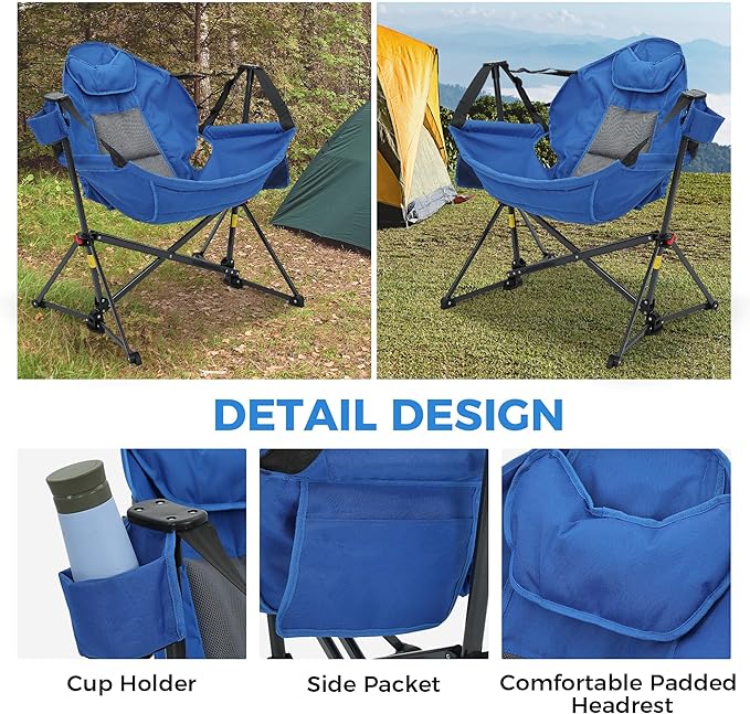 Ainfox Hammock Camping Chair, Foldable Portable Rocking Chairs for Adults Outside Swinging Camp with Cup Holder Pillow for Outdoor Patio Poolside (Blue)