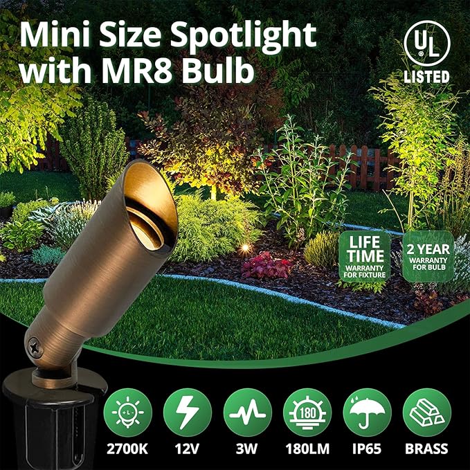 GKOLED Mini Size Brass Landscape Spotlight, Low Voltage 12V AC/DC Outdoor Directional Up Light, 180 LM, 3W MR8 LED Bulb ABS Ground Stake, 2700K Garden Patio Trees Spot Uplight (Pack of 10)