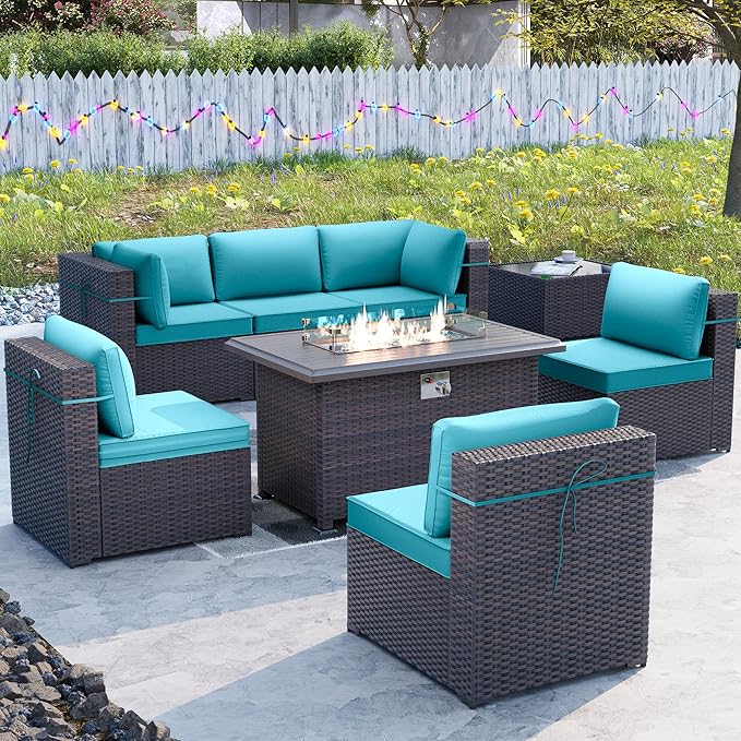 Kullavik 8 Pieces Outdoor Patio Furniture Set with 43" 55000BTU Gas Propane Fire Pit Table PE Wicker Rattan Sectional Sofa Patio Conversation Sets,Blue