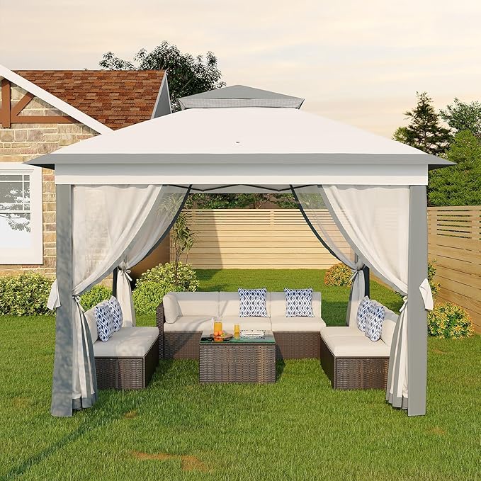 11'x11 Pop-Up Gazebo, Instant Outdoor Canopy Tent with Mosquito Nettings, Durable Steel Frame, Water, and UV Proof, for Patio, Garden, Courtyard, Party (Grey)