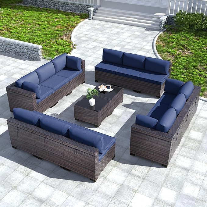 Kullavik 14 Pieces Outdoor Patio Furniture Set PE Wicker Rattan Sectional Sofa Patio Conversation Sets,Navy Blue