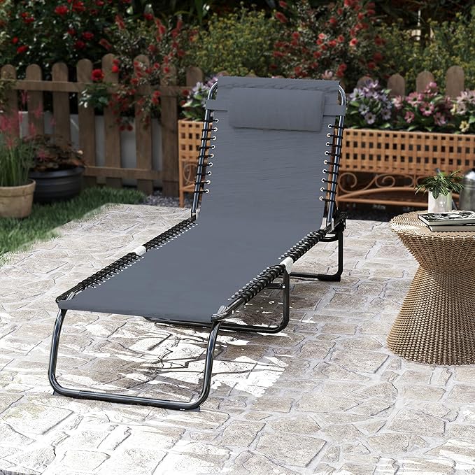 Outsunny Folding Chaise Lounge Chair, Patio Sun Tanning Chair, Outdoor Chaise Lounger with 4-Position Reclining Back, Breathable Mesh Seat for Beach, Poolside, Yard, Gray