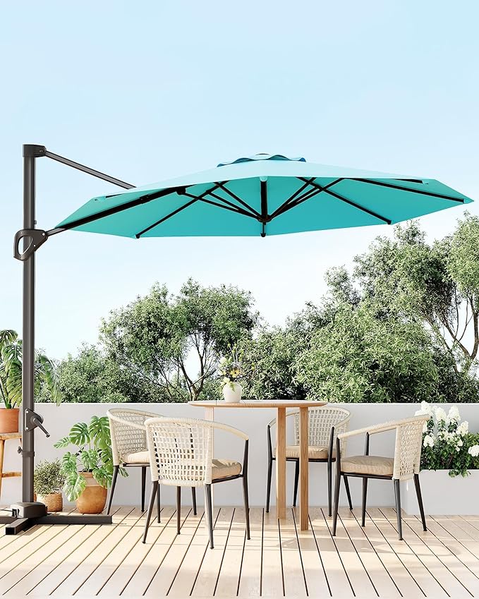 GarveeLife 10 ft Patio Umbrella Outdoor Large Cantilever Umbrella w/Base Included Market Sun Shade Windproof Offset Umbrella with 360-Degree Rotation for Garden Deck Pool Patio, Turquoise Blue