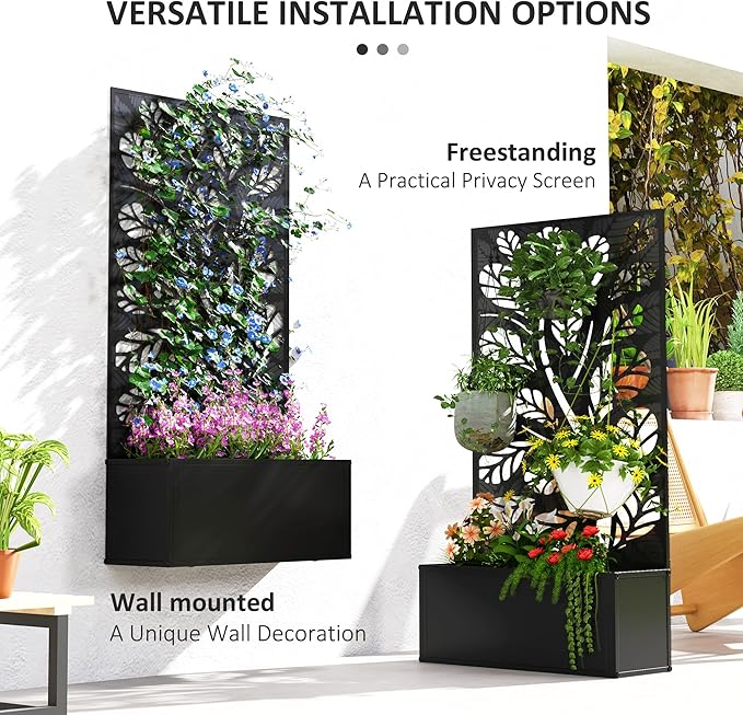 Outsunny Metal Raised Garden Bed with Trellis for Climbing Plants, Freestanding or Wall Mounted Flower Bed with Privacy Panel, Twigs and Leaves Cut-Outs Outdoor Planter Box for Garden, Patio, Balcony