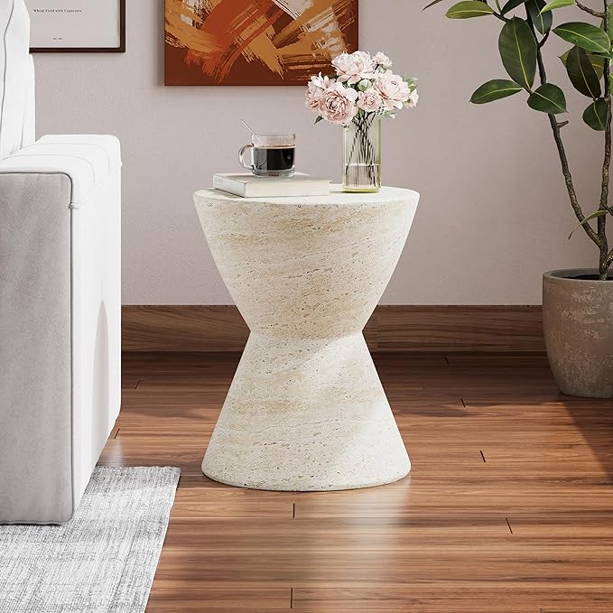 Christopher Knight Home Outdoor Side Table,Hourglass Shape Side Table,Patio Garden Stool Coffee End Table,Decorative Garden Stool for Patio,or Balcony,Lightweight Concrete Material,Travertine
