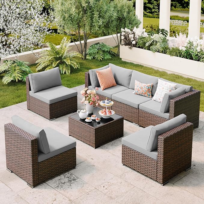 7 Pieces Outdoor Patio Furniture Set, PE Rattan Outdoor Wicker Sectional Furniture Sofa Set, with Cushions and Glass Coffee Table, for Balcony, Porch, Garden, Grey