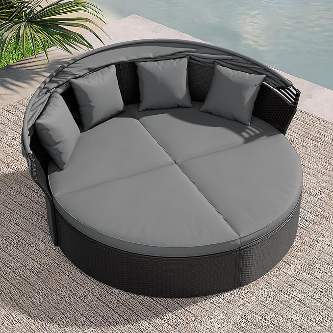 Crownland Outdoor Round Daybed with Retractable Canopy, Patio Daybed with Washable Cushions, Clamshell Sectional Seating, Black Wicker Furniture for Garden, Patio, Pool (Grey,Gray)