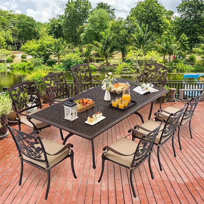 87" Cast Aluminum Outdoor Dining Table – Rectangular Red Copper Patio Table with Strawberry & Leaf Design, 2" Umbrella Hole, Weather-Resistant for Garden, Backyard, and Lawn