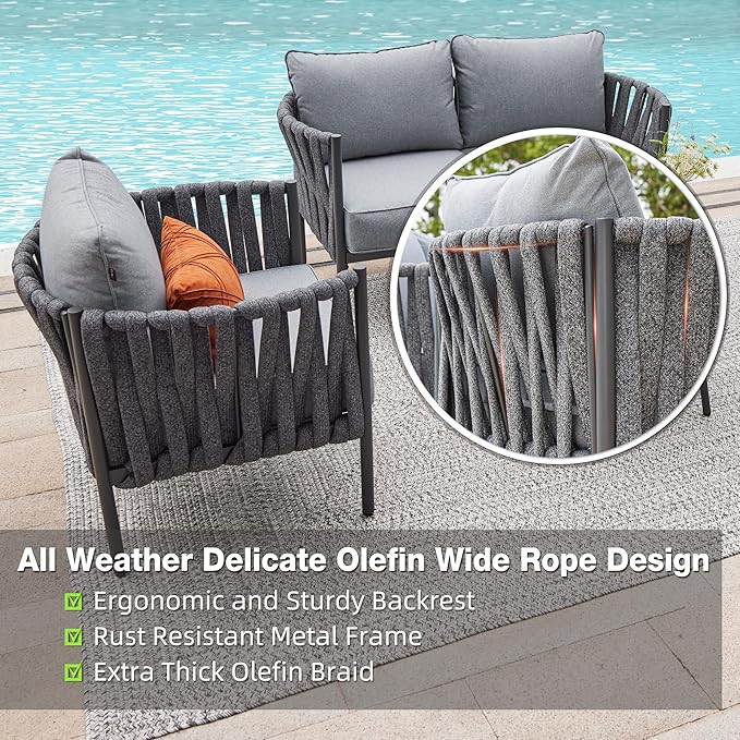 4 Piece Patio Furniture Set, Modern Patio Conversation Set, Outdoor Furniture with Table, Outdoor Sofa with Washable and High-Resiliency Sponge Cushions, Grey